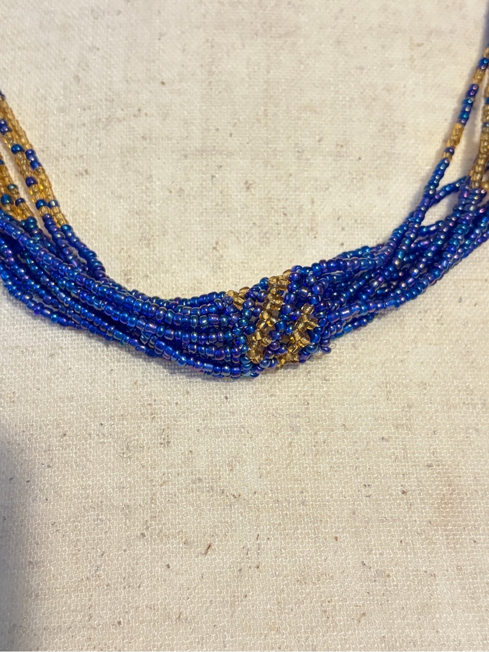 Vintage Cobalt Blue Gold Multi Strand Seed Bead Necklace Boho Statement Woven - Picture 4 of 10